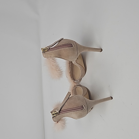 Bebe Light Pink Suede & Fur Trim Stiletto Heels Open Toe Ankle Strap Size Size 6 - Picture 3 of 4